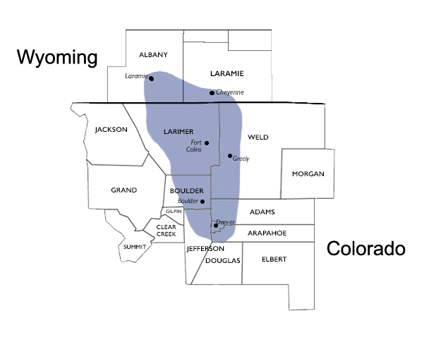 Map of Colorado and Wyoming, service areas for Front Range Pest.